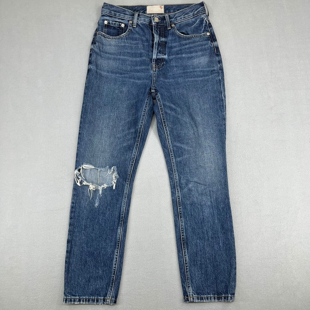 Everlane The Cheeky Jean High‎ Rise Distressed Straight Leg Denim Blue 26 Crop